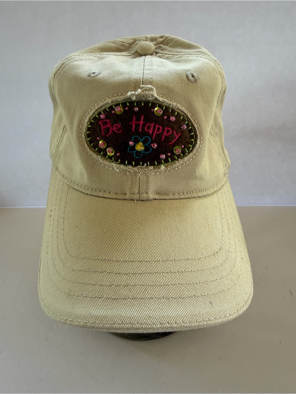 Natural Life light khaki Baseball Cap Distressed Embroidered Be Happy